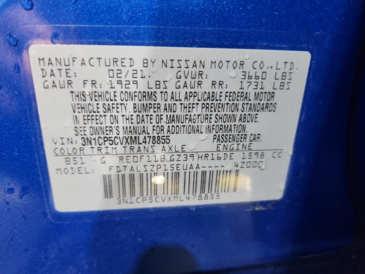 2021 Nissan Kicks Sv VIN: 3N1CP5CVXML478855 Lot: 91657855