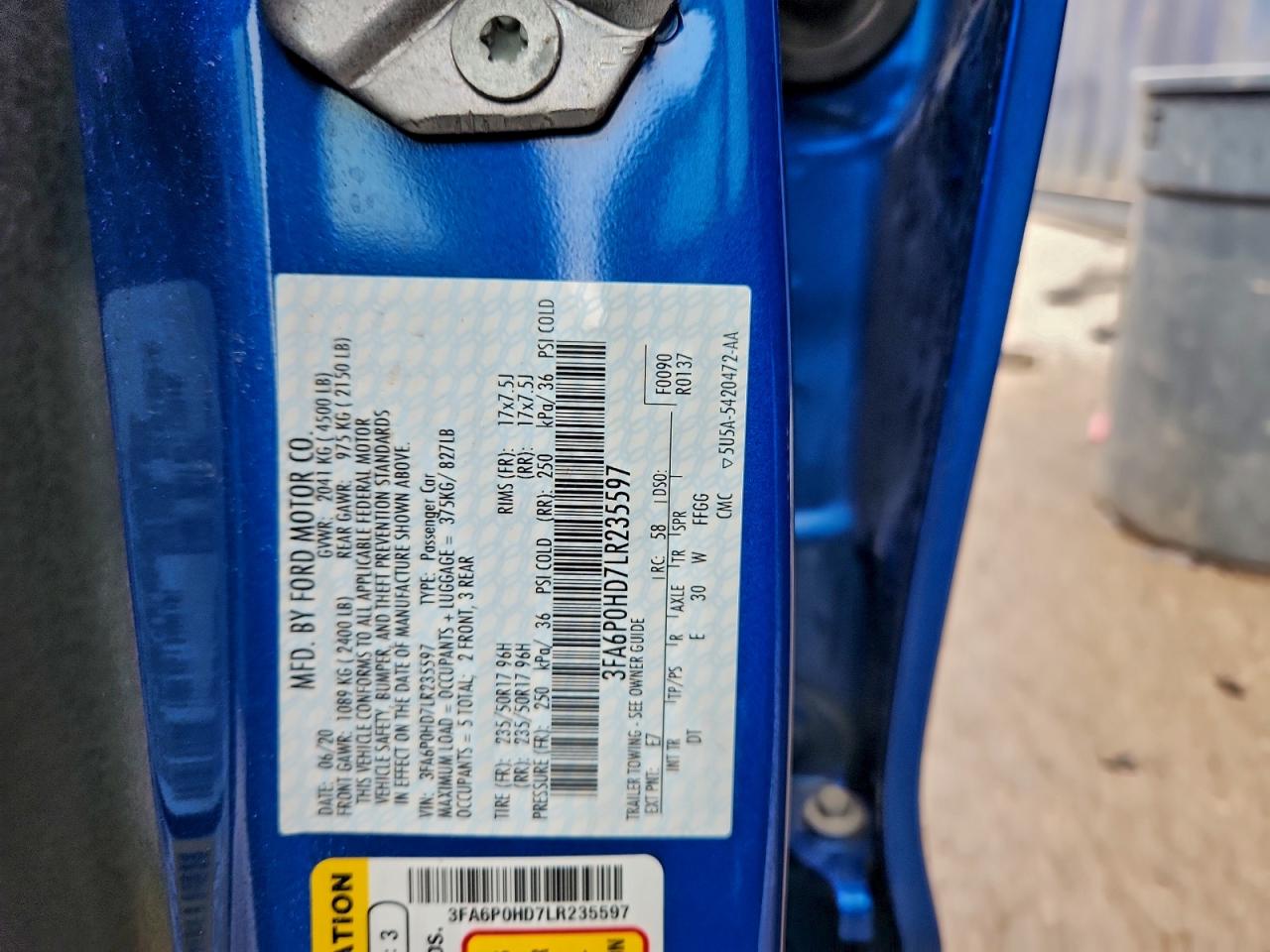 2020 Ford Fusion Se VIN: 3FA6P0HD7LR235597 Lot: 92754335