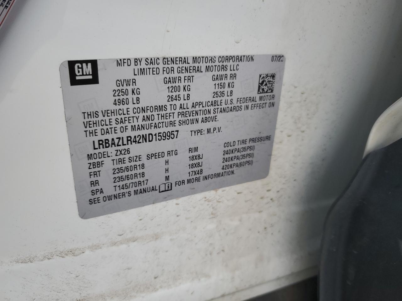 2020 Buick Envision Preferred VIN: LRBAZLR42ND159957 Lot: 93044955