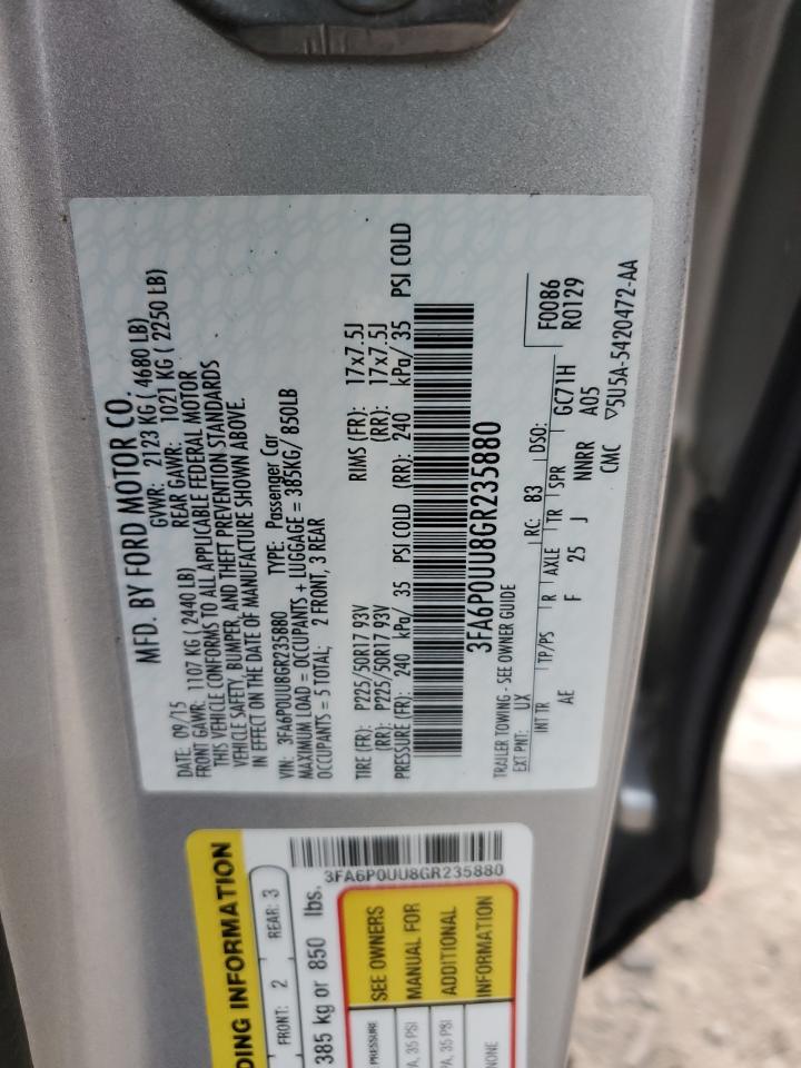 2016 Ford Fusion S Hybrid VIN: 3FA6P0UU8GR235880 Lot: 92816945