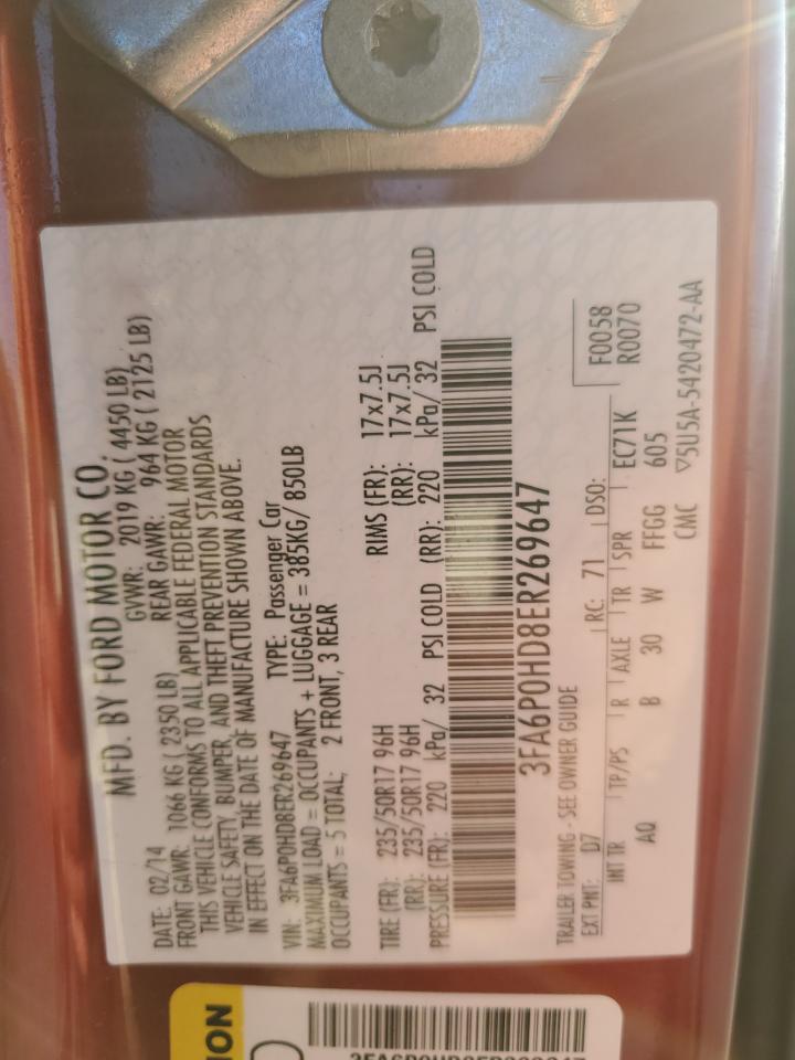 2014 Ford Fusion Se VIN: 3FA6P0HD8ER269647 Lot: 92232305