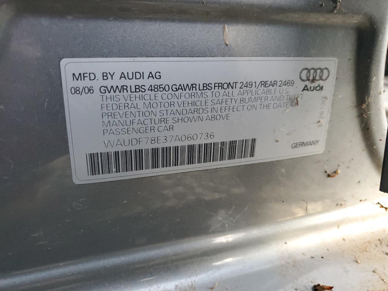 2007 Audi A4 2.0T Quattro VIN: WAUDF78E37A60736 Lot: 91701735