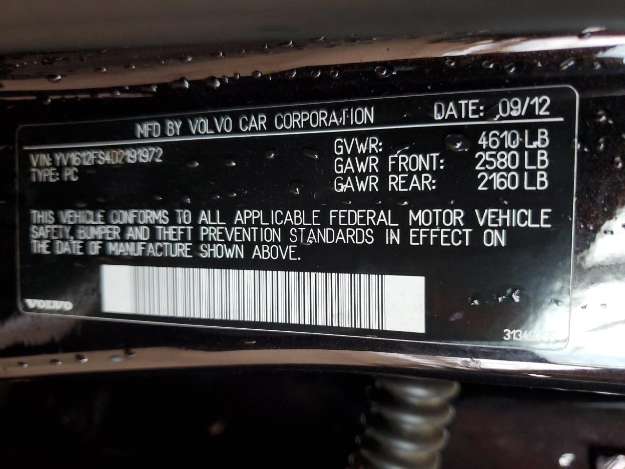 2013 Volvo S60 T5 VIN: YV1612FS4D2191972 Lot: 93700565