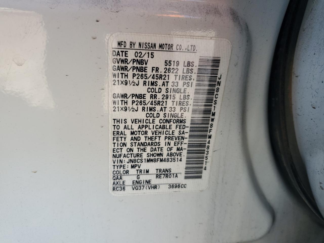 2015 Infiniti Qx70 VIN: JN8CS1MW8FM483514 Lot: 91158085