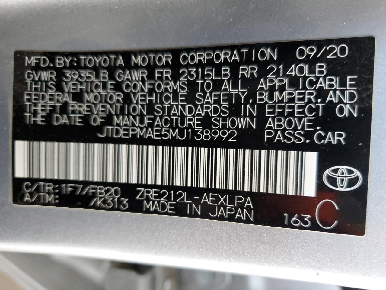 2021 Toyota Corolla Le VIN: JTDEPMAE5MJ138992 Lot: 91491445