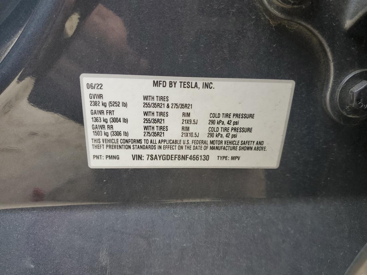 2022 Tesla Model Y VIN: 7SAYGDEF8NF466130 Lot: 93010565