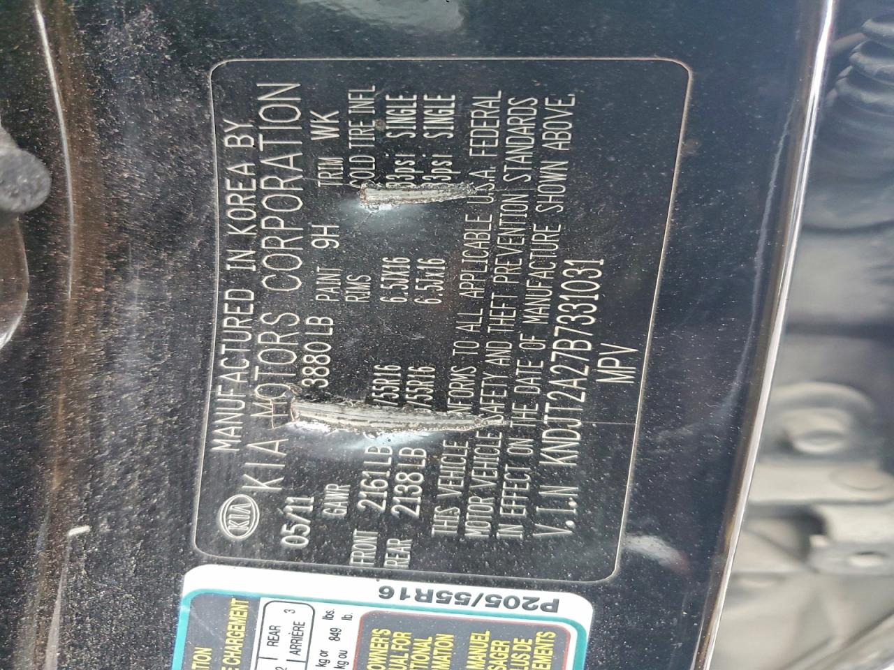 2011 Kia Soul + VIN: KNDJT2A27B7331031 Lot: 93843485