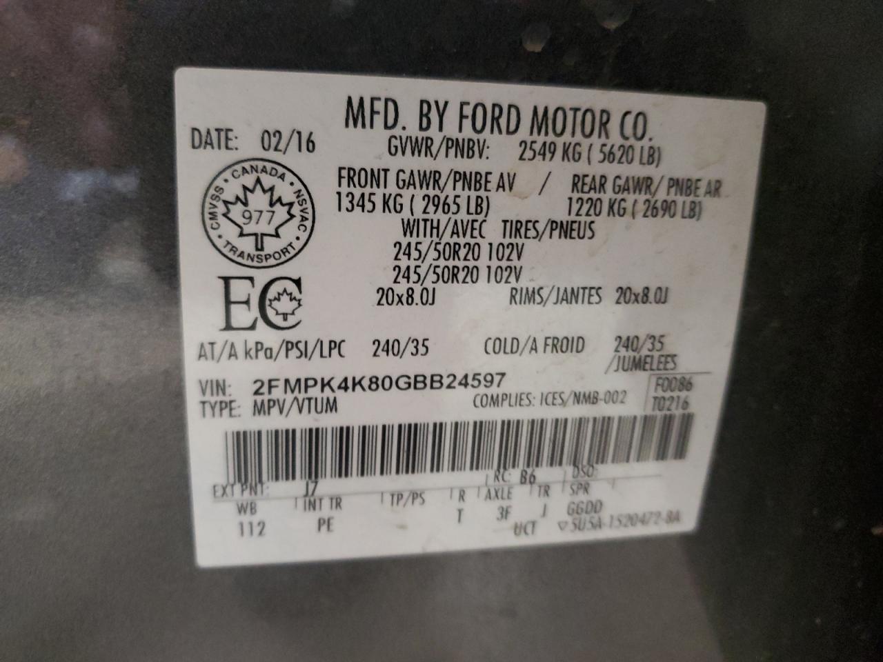 2016 Ford Edge Titanium VIN: 2FMPK4K80GBB24597 Lot: 93568055