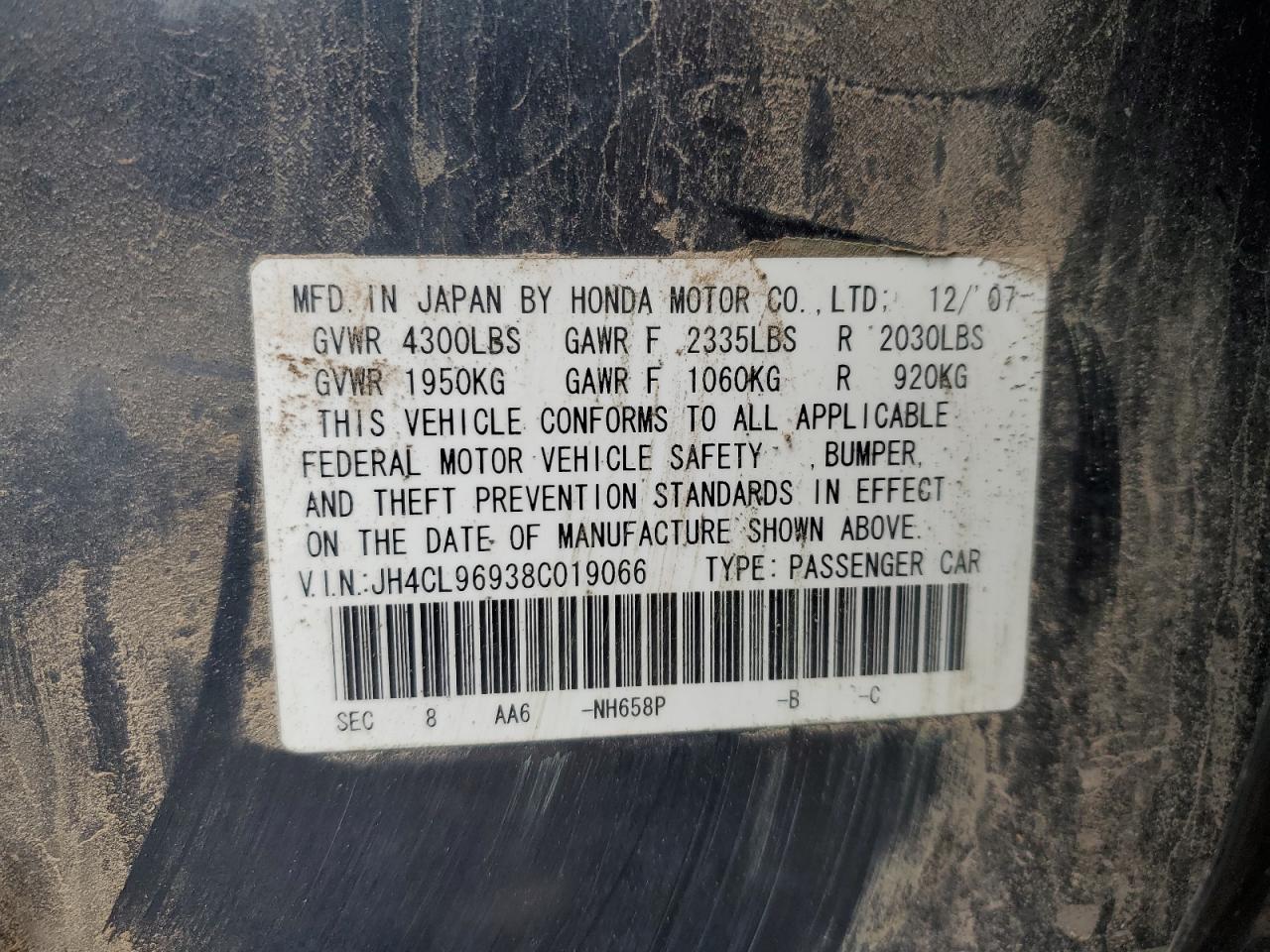 2008 Acura Tsx VIN: JH4CL96938C019066 Lot: 93465525