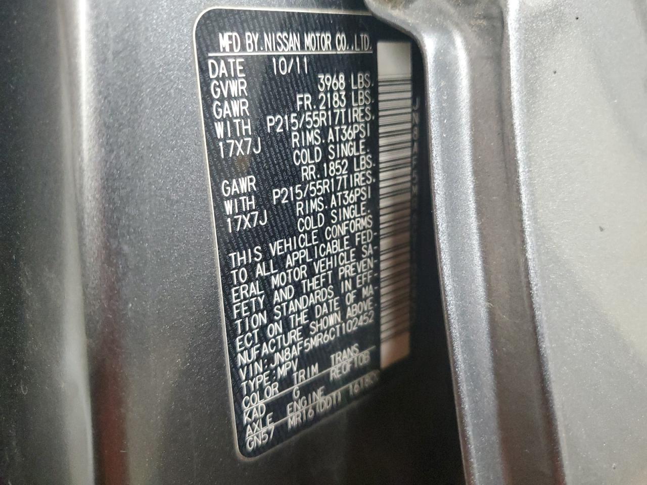 2012 Nissan Juke S VIN: JN8AF5MR6CT102452 Lot: 92307375