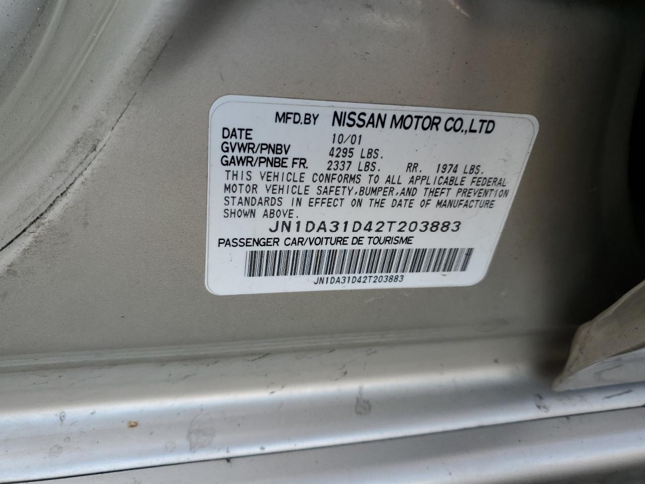 2002 Nissan Maxima Gle VIN: JN1DA31D42T203883 Lot: 93266635