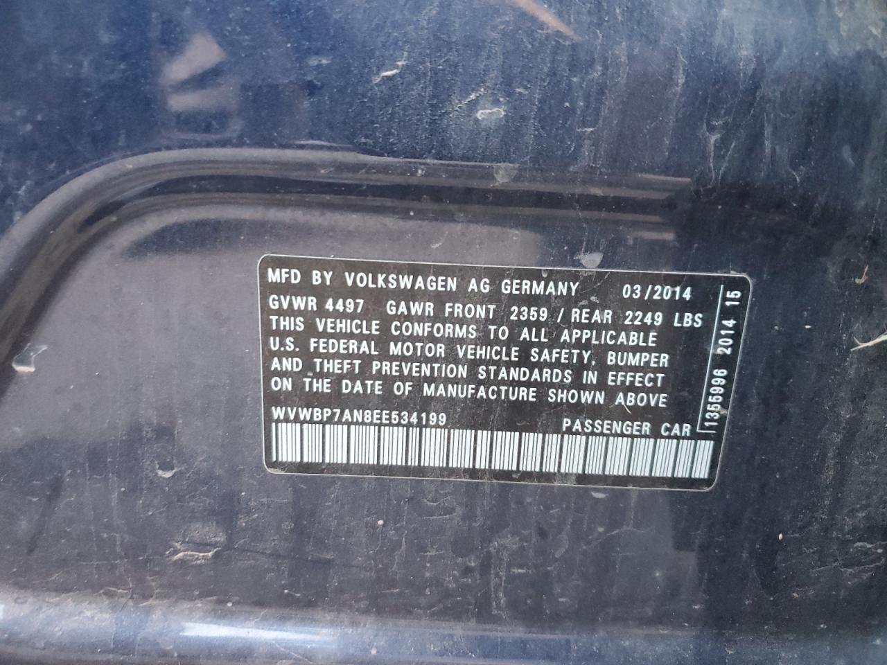 2014 Volkswagen Cc Sport VIN: WVWBP7AN8EE534199 Lot: 91175535