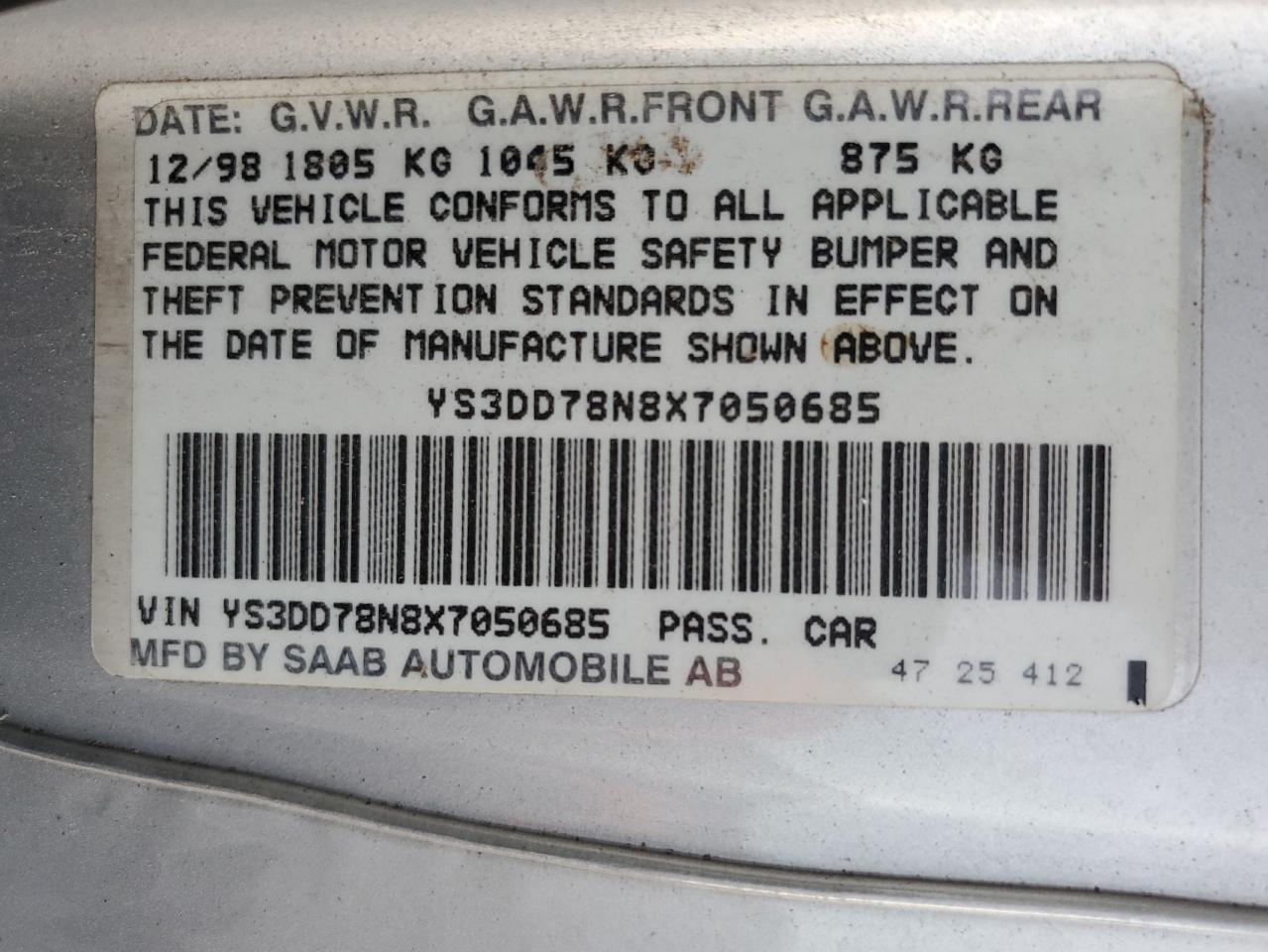 1999 Saab 9-3 S VIN: YS3DD78N8X7050685 Lot: 91349605
