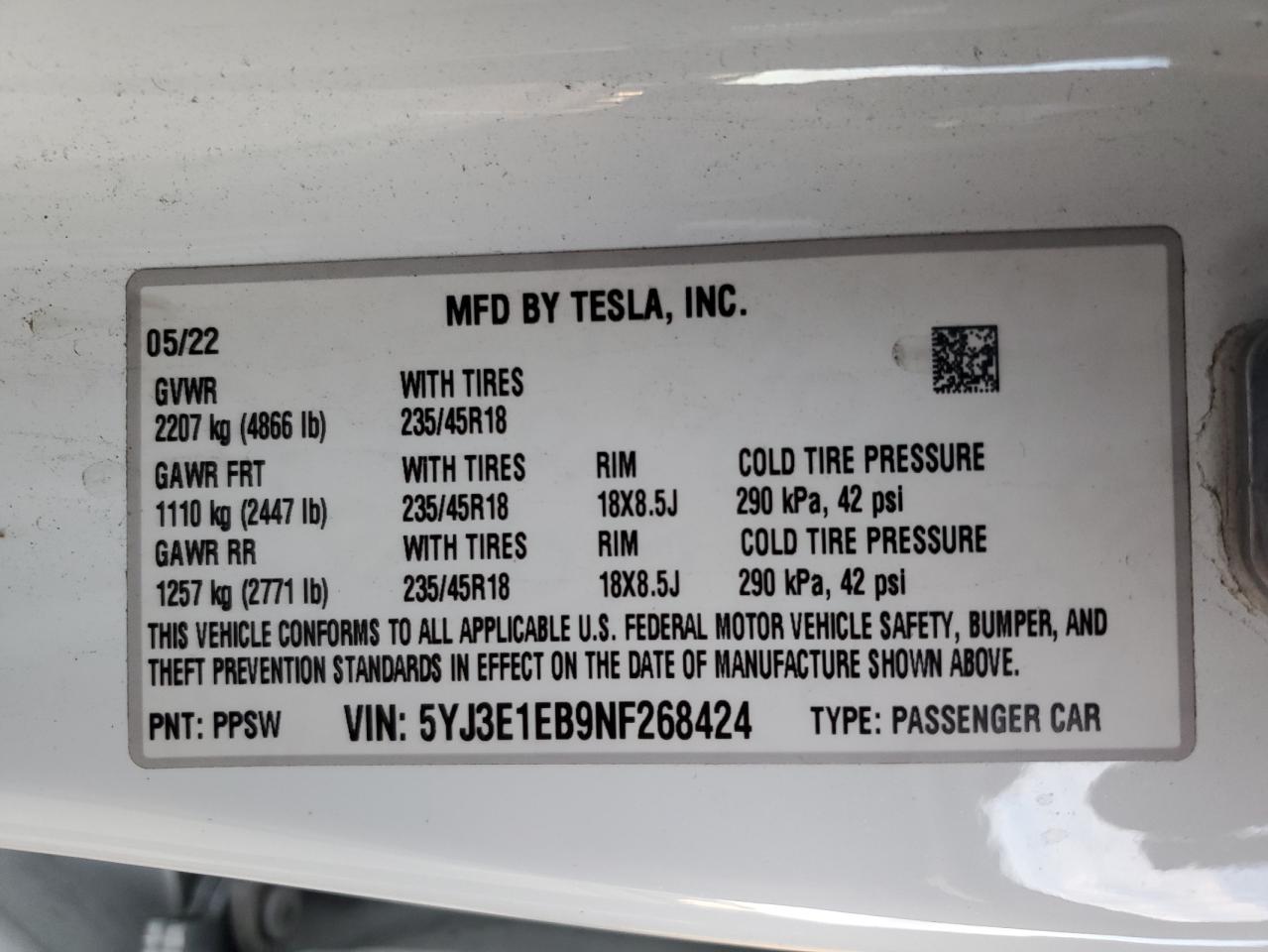 2022 Tesla Model 3 VIN: 5YJ3E1EB9NF268424 Lot: 93347805