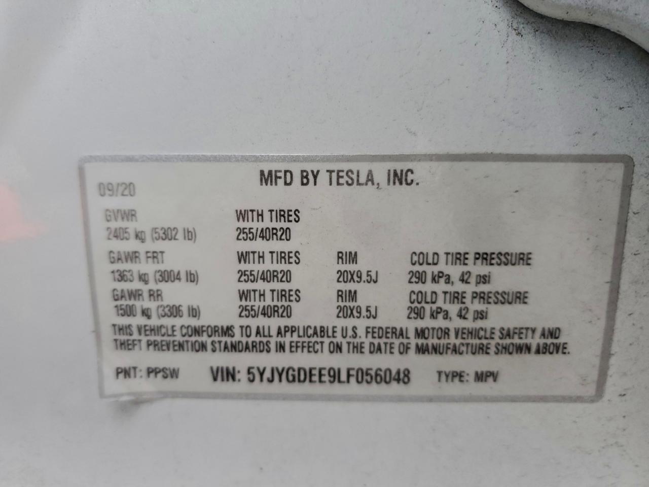 2020 Tesla Model Y VIN: 5YJYGDEE9LF056048 Lot: 93149215