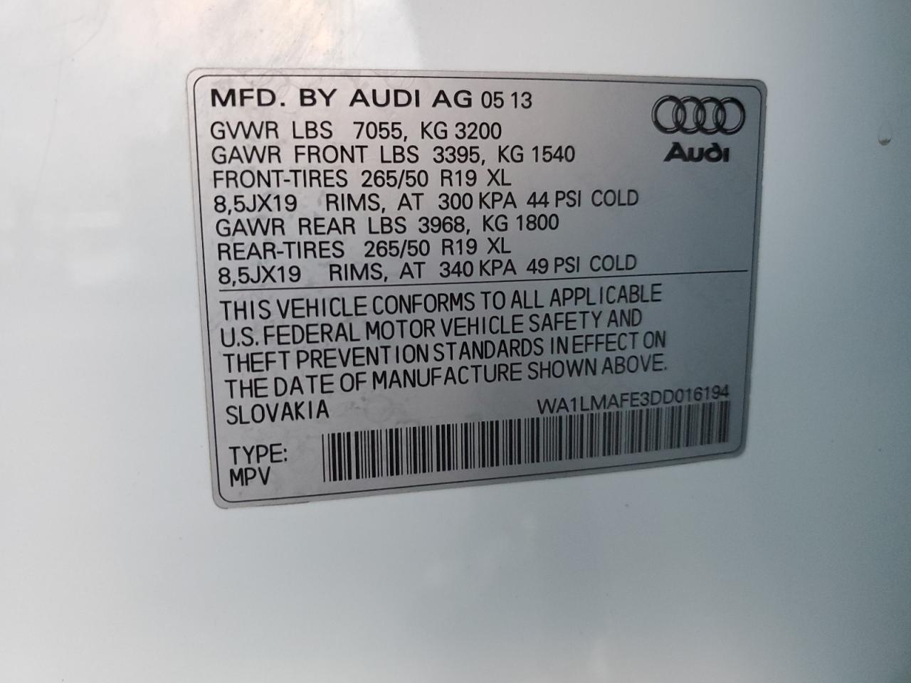 2013 Audi Q7 Premium Plus VIN: WA1LMAFE3DD016194 Lot: 91110775