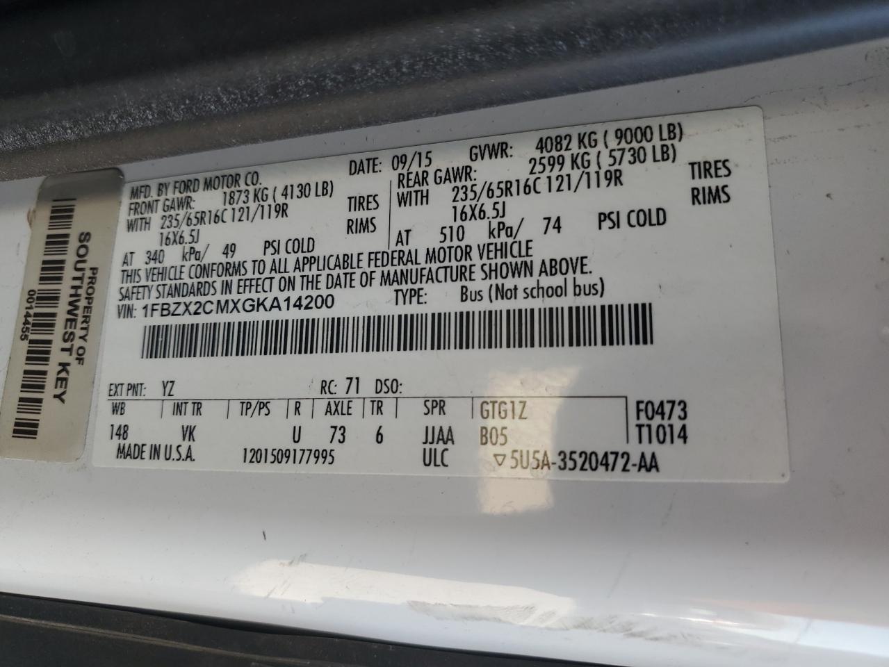 2016 Ford Transit T-350 VIN: 1FBZX2CMXGKA14200 Lot: 91265875