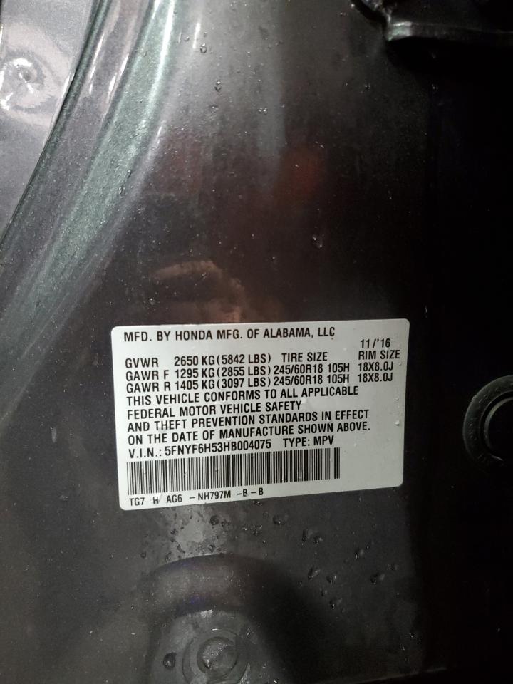 2017 Honda Pilot Exl VIN: 5FNYF6H53HB004075 Lot: 92903565