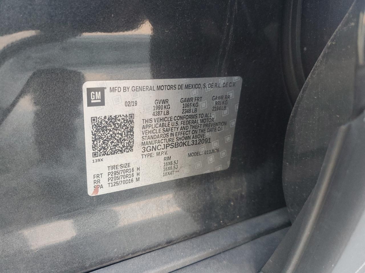 2019 Chevrolet Trax 1Lt VIN: 3GNCJPSB0KL312091 Lot: 91668355