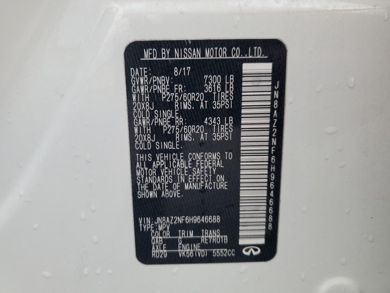 2017 Infiniti Qx80 Base VIN: JN8AZ2NF6H9646688 Lot: 91620355