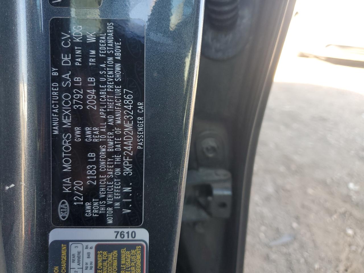 2021 Kia Forte Fe VIN: 3KPF24AD2ME324867 Lot: 92670385