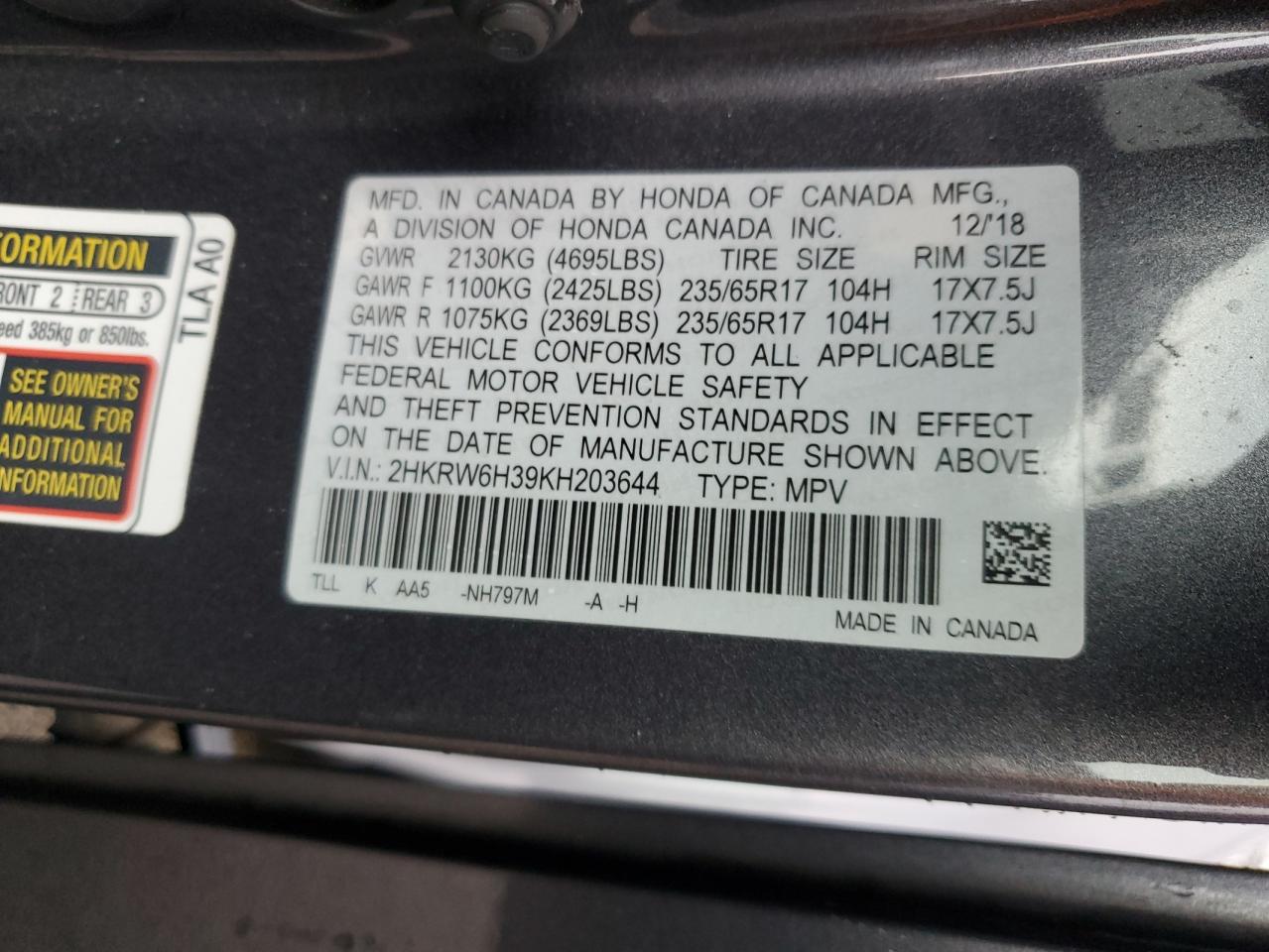 2019 Honda Cr-V Lx VIN: 2HKRW6H39KH203644 Lot: 91611035