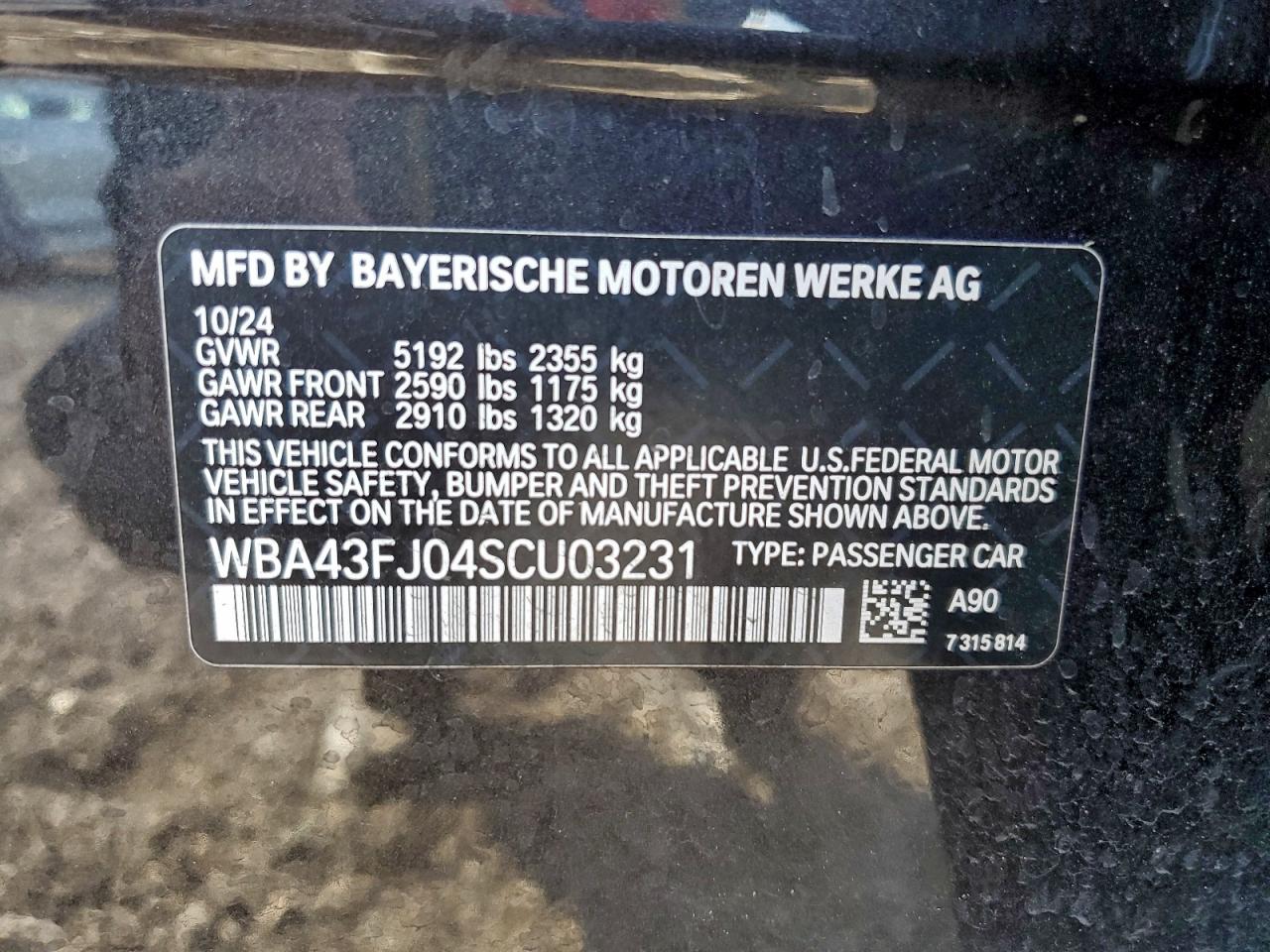 2025 BMW 530 I VIN: WBA43FJ04SCU03231 Lot: 93697795