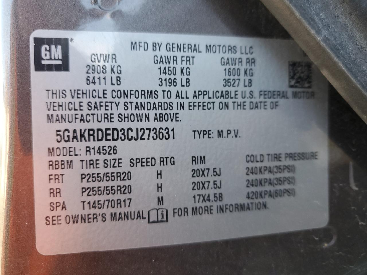 2012 Buick Enclave VIN: 5GAKRDED3CJ273631 Lot: 92887575