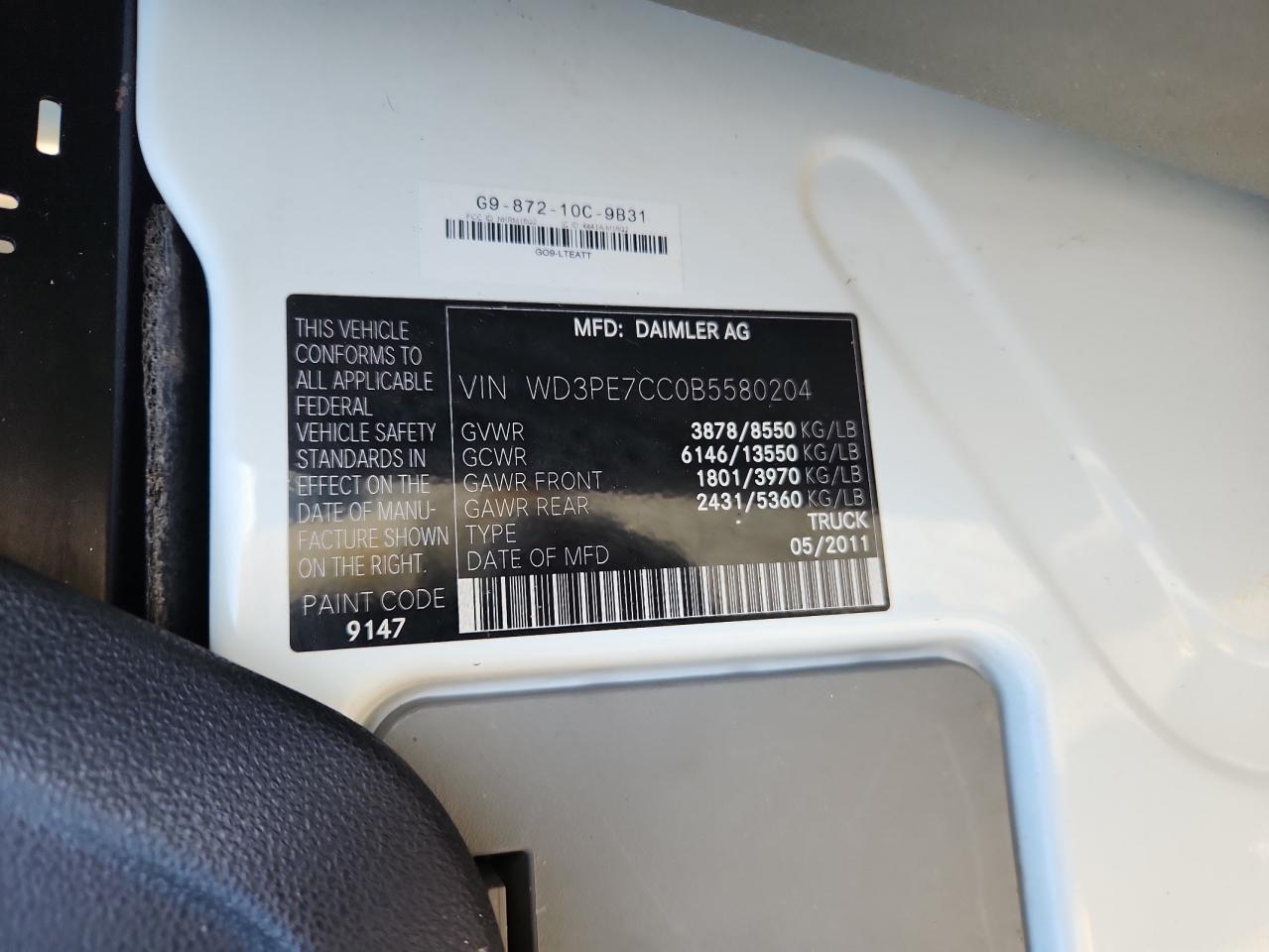 2011 Mercedes Benz Sprinter 2 Delivery Van VIN: WD3PE7CC0B5580204 Lot: 90666145