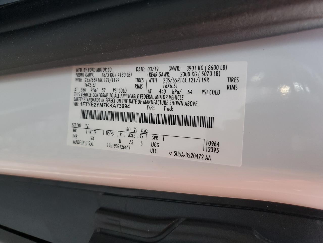 2019 Ford Transit T-150 VIN: 1FTYE2YM7KKA73994 Lot: 91444775