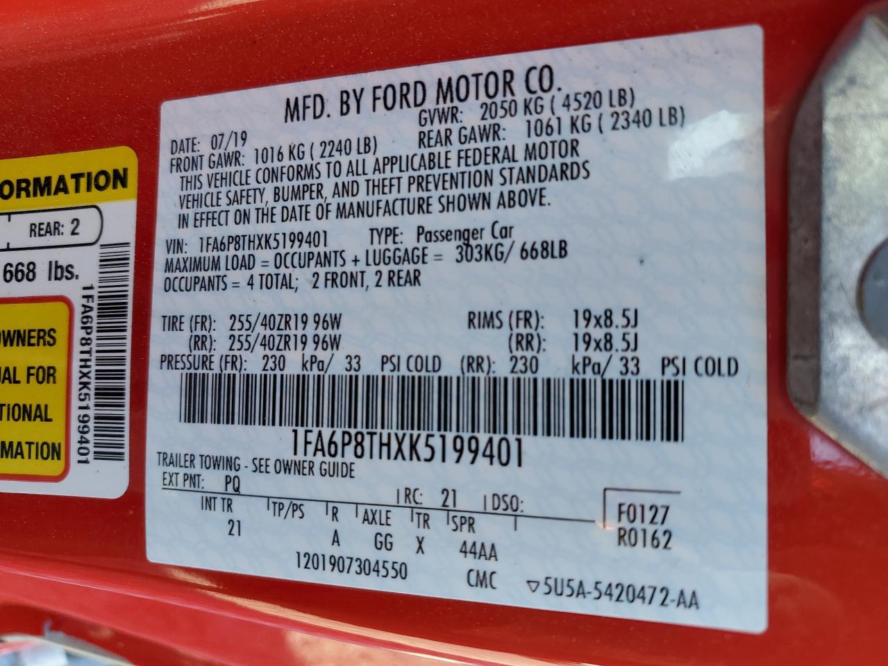 2019 Ford Mustang VIN: 1FA6P8THXK5199401 Lot: 92654205