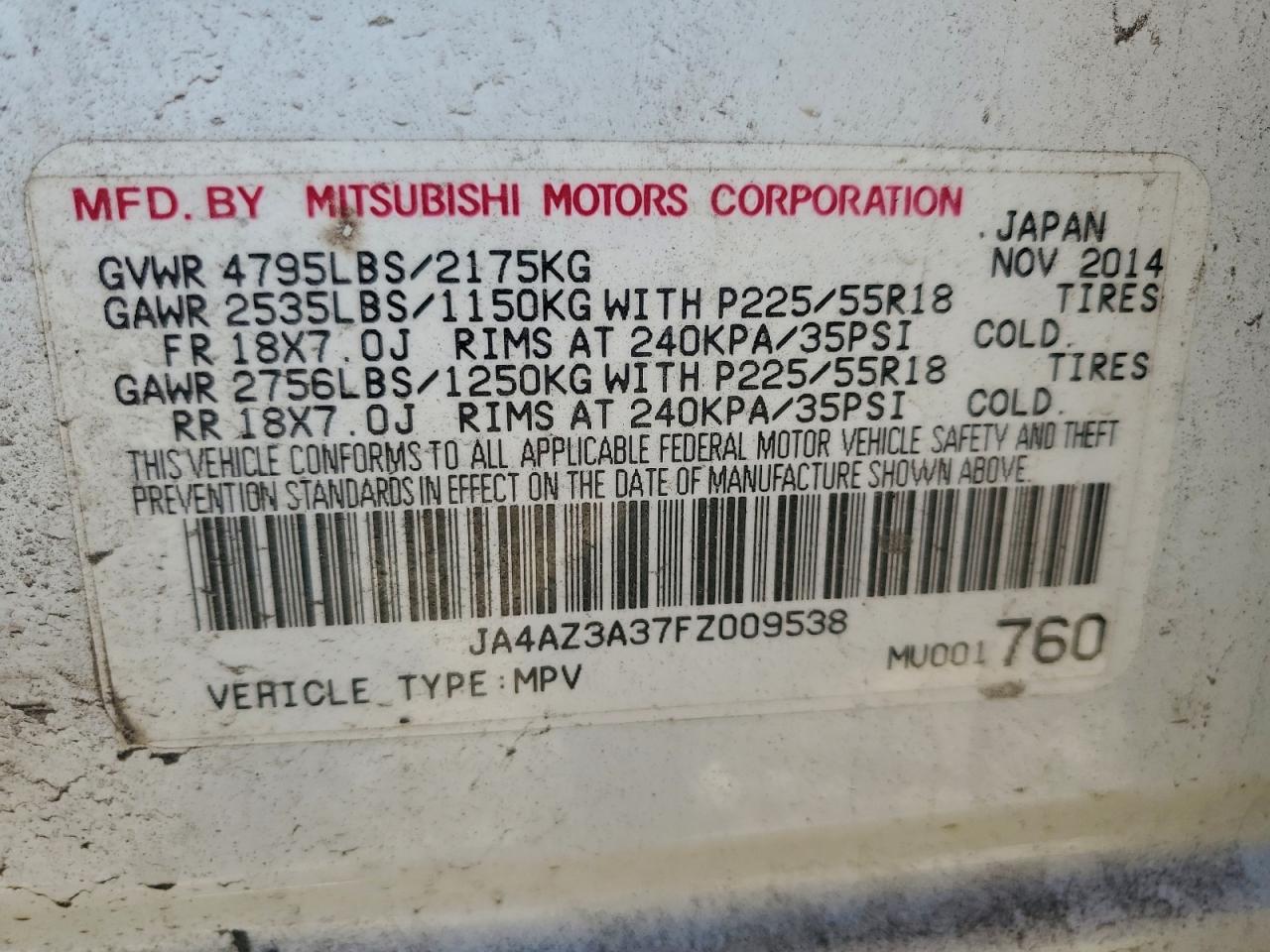 2015 Mitsubishi Outlander Se VIN: JA4AZ3A37FZ009538 Lot: 94237605