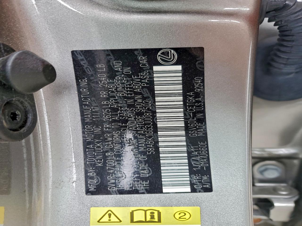 2018 Lexus Es 350 VIN: 58ABK1GG3JU087502 Lot: 93539355