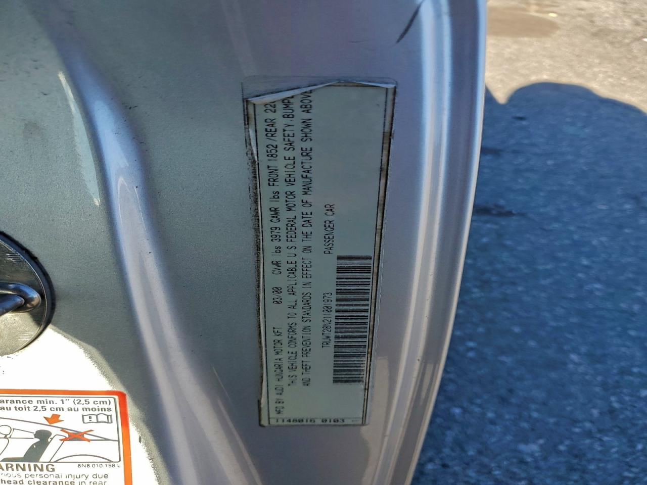 2001 Audi Tt Quattro VIN: TRUWT28N211001973 Lot: 93943375