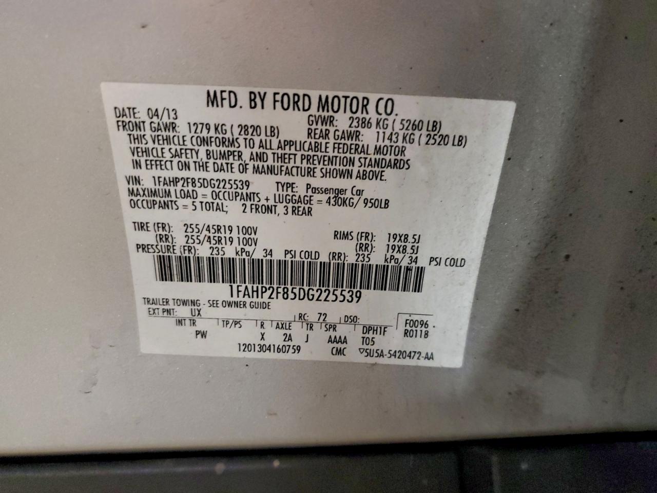 2013 Ford Taurus Limited VIN: 1FAHP2F85DG225539 Lot: 94649355