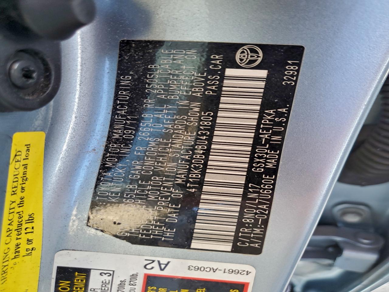 2011 Toyota Avalon Base VIN: 4T1BK3DB4BU431805 Lot: 91396935