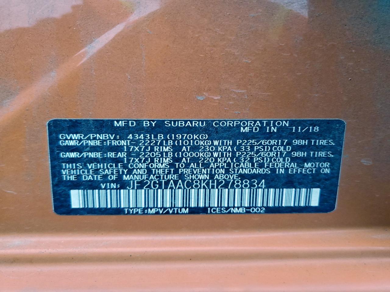 2019 Subaru Crosstrek VIN: JF2GTAAC8KH278834 Lot: 94695685