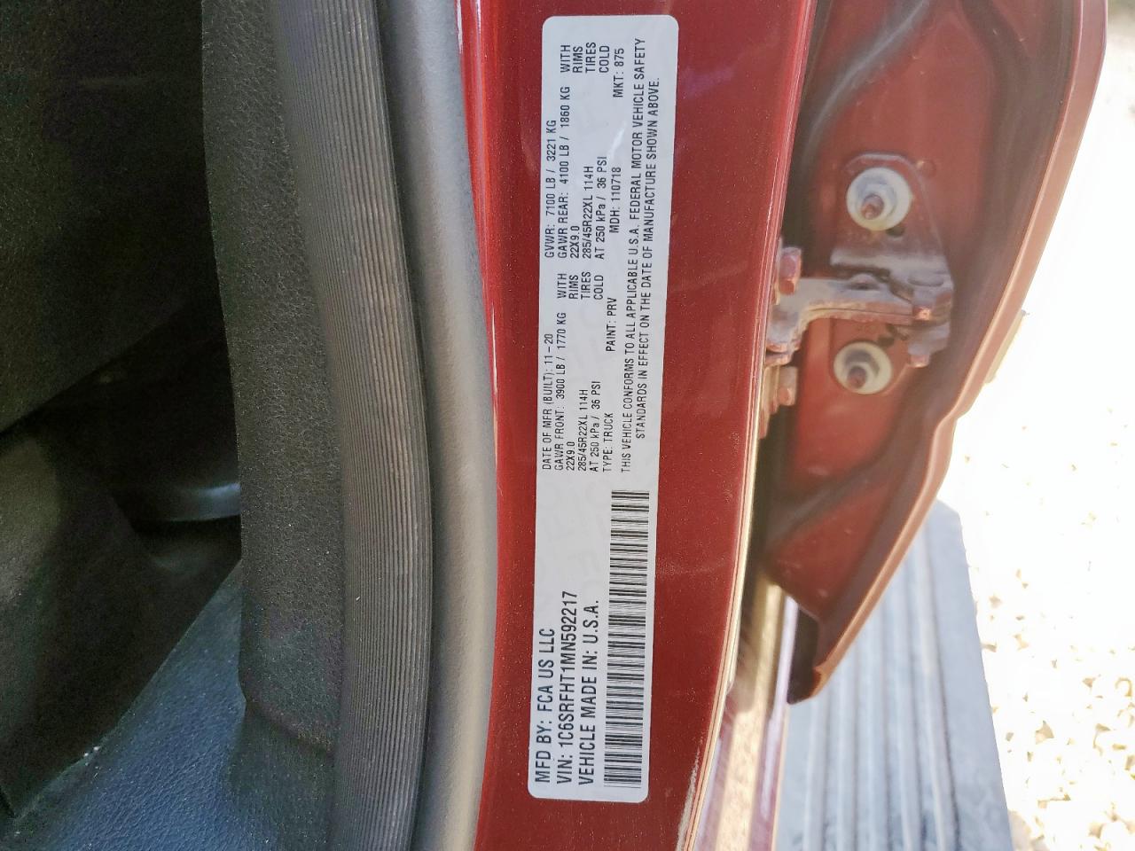 2021 Ram 1500 Limited VIN: 1C6SRFHT1MN592217 Lot: 89895645