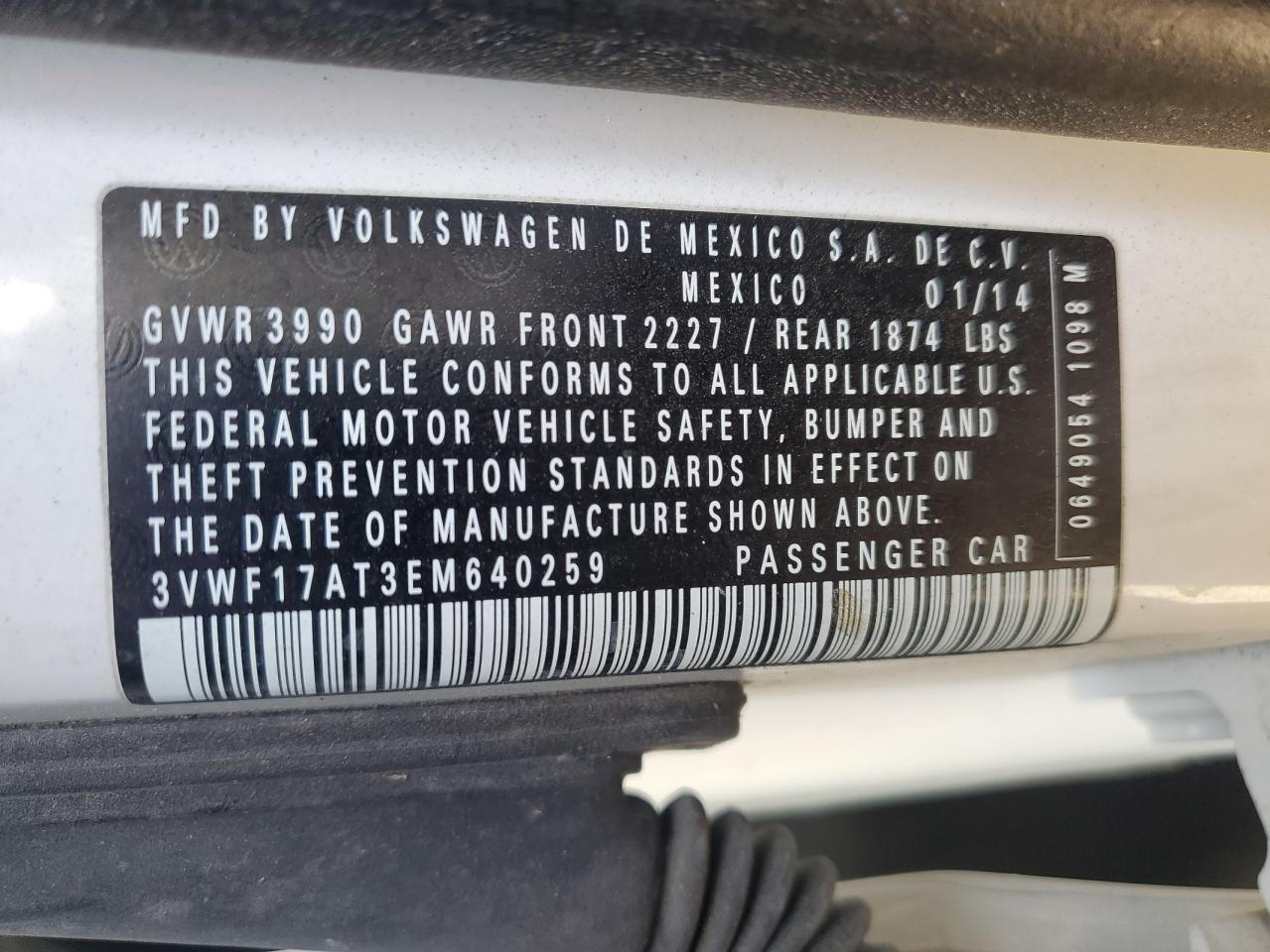 2014 Volkswagen Beetle VIN: 3VWF17AT3EM640259 Lot: 93925505