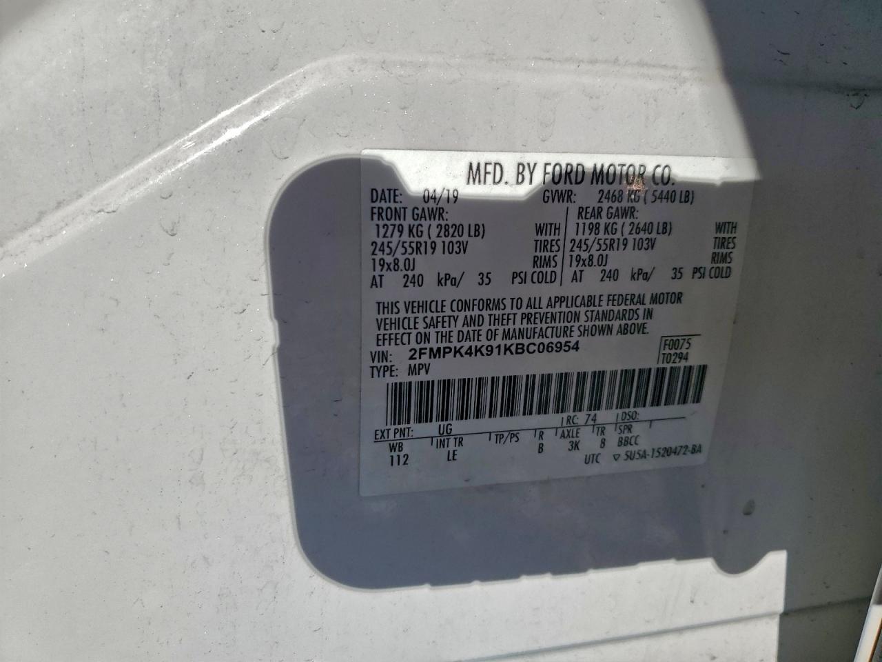 2019 Ford Edge Titanium VIN: 2FMPK4K91KBC06954 Lot: 94637595