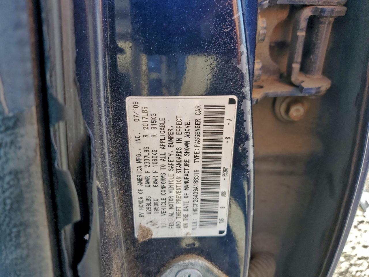 2009 Honda Accord Lxp VIN: 1HGCP26409A188316 Lot: 94065315