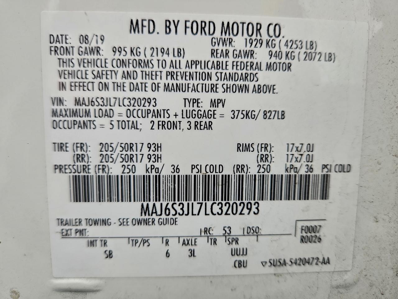 2020 Ford Ecosport Ses VIN: MAJ6S3JL7LC320293 Lot: 93662045