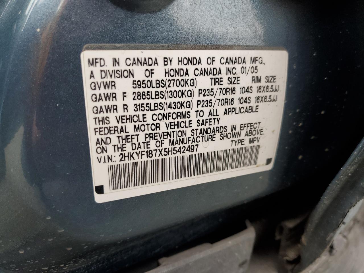 2005 Honda Pilot Exl VIN: 2HKYF187X5H542497 Lot: 92872585