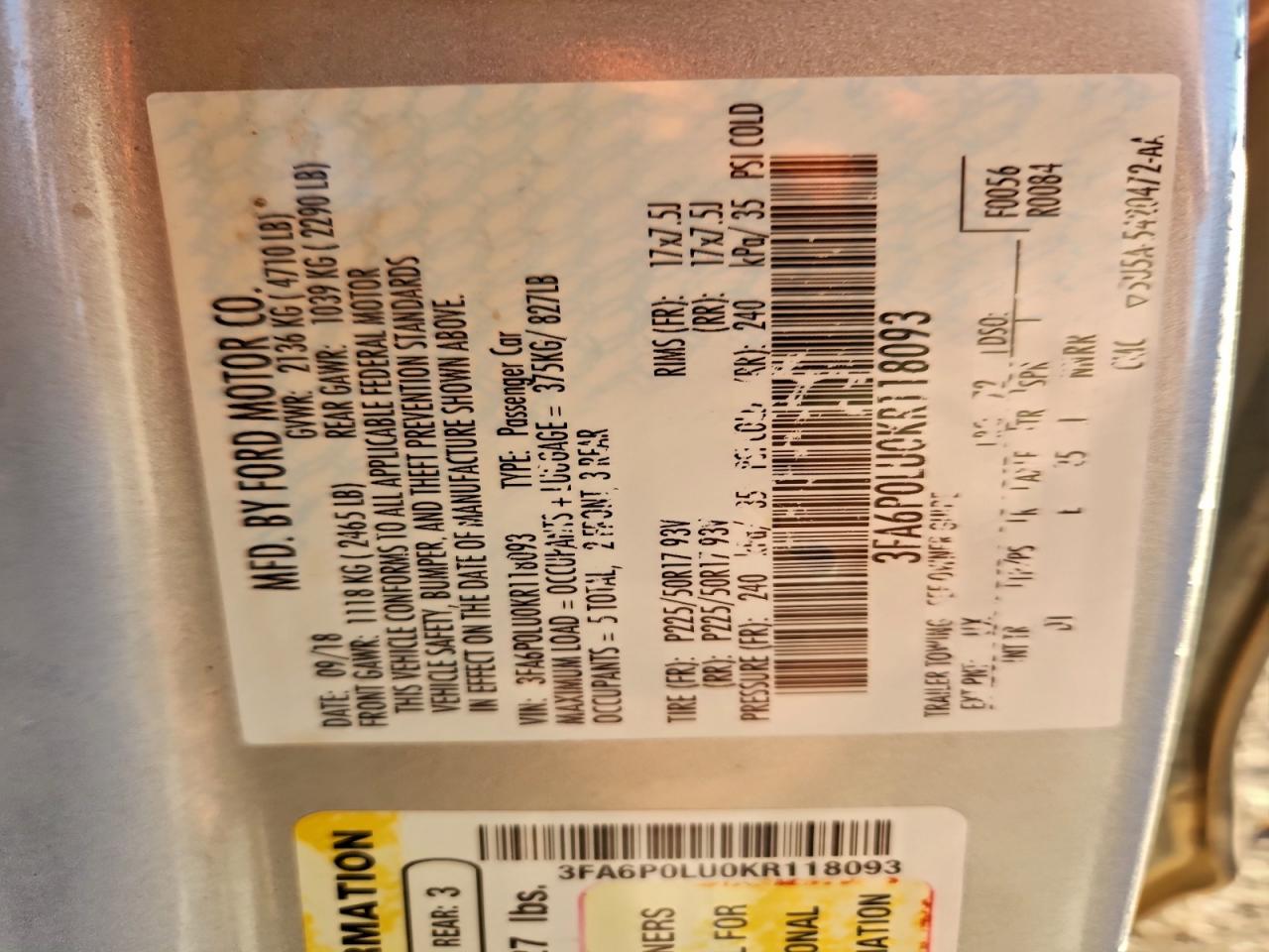 2019 Ford Fusion Se VIN: 3FA6P0LU0KR118093 Lot: 92753845