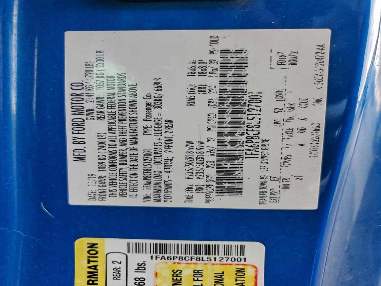 2020 Ford Mustang Gt VIN: 1FA6P8CF8L5127001 Lot: 93494105