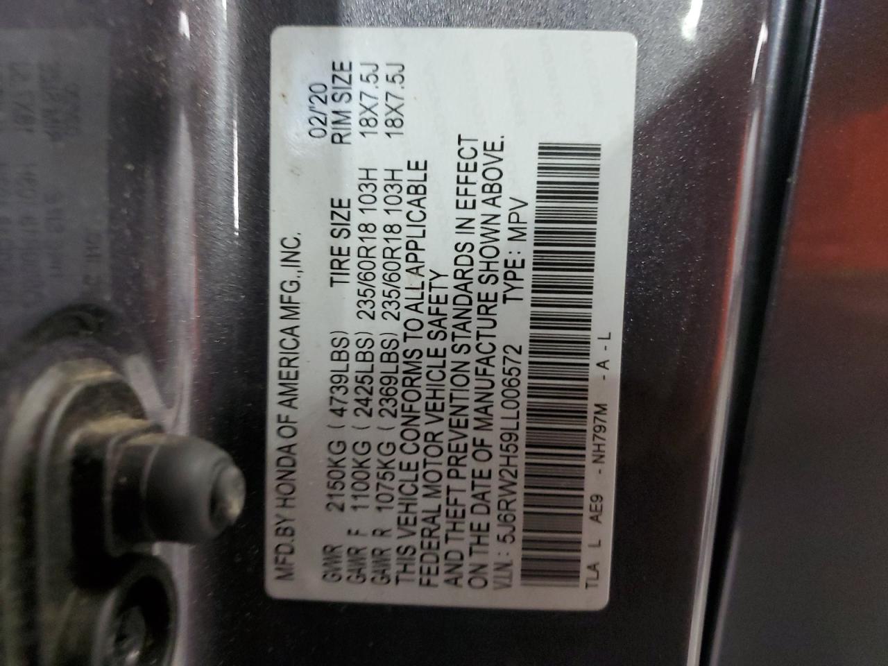 2020 Honda Cr-V Ex VIN: 5J6RW2H59LL006572 Lot: 90943045