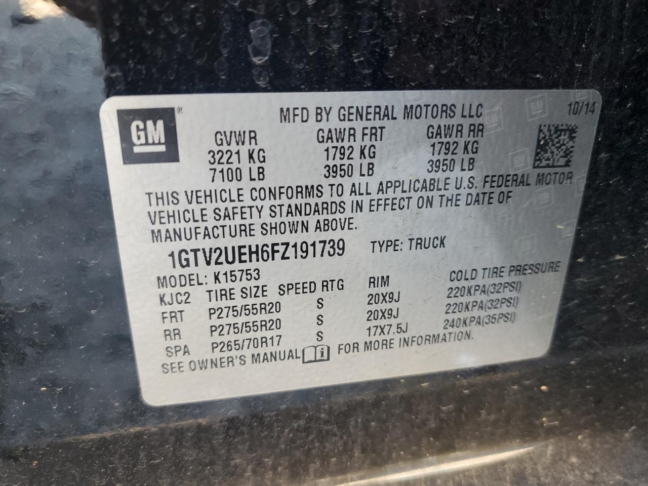 2015 GMC Sierra K1500 Sle VIN: 1GTV2UEH6FZ191739 Lot: 91859905