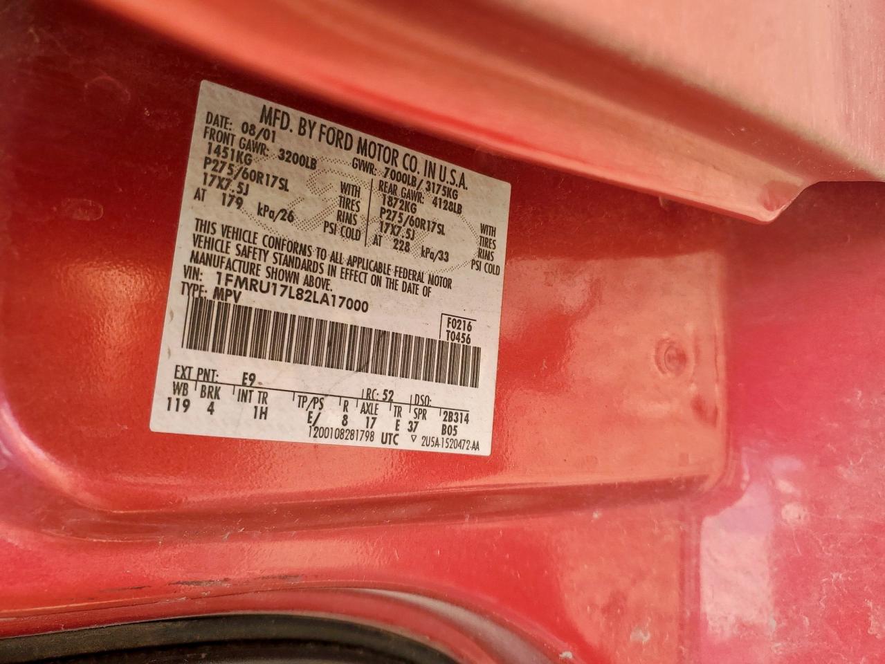 2002 Ford Expedition Eddie Bauer VIN: 1FMRU17L82LA17000 Lot: 92624635