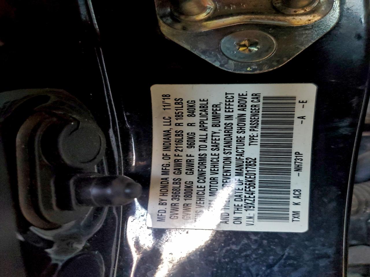 2019 Honda Insight Ex VIN: 19XZE4F56KE017852 Lot: 94874455