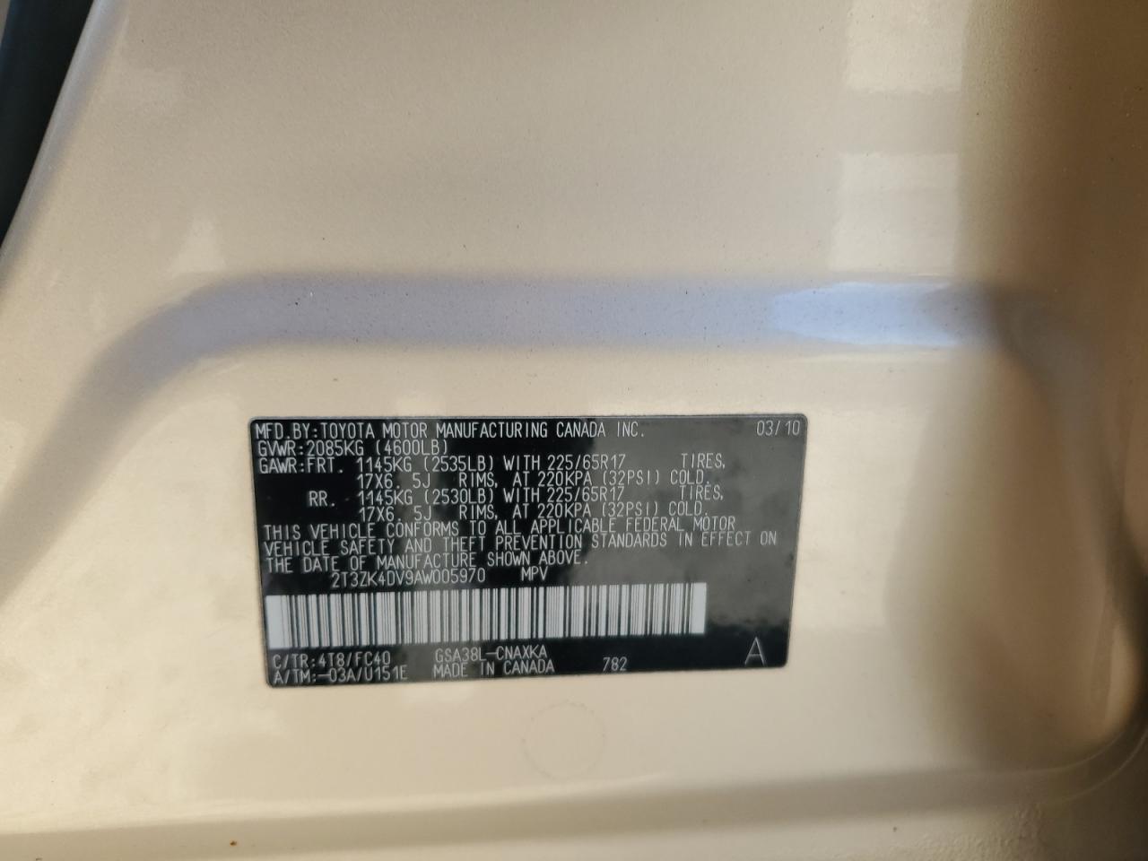 2010 Toyota Rav4 VIN: 2T3ZK4DV9AW005970 Lot: 92485595